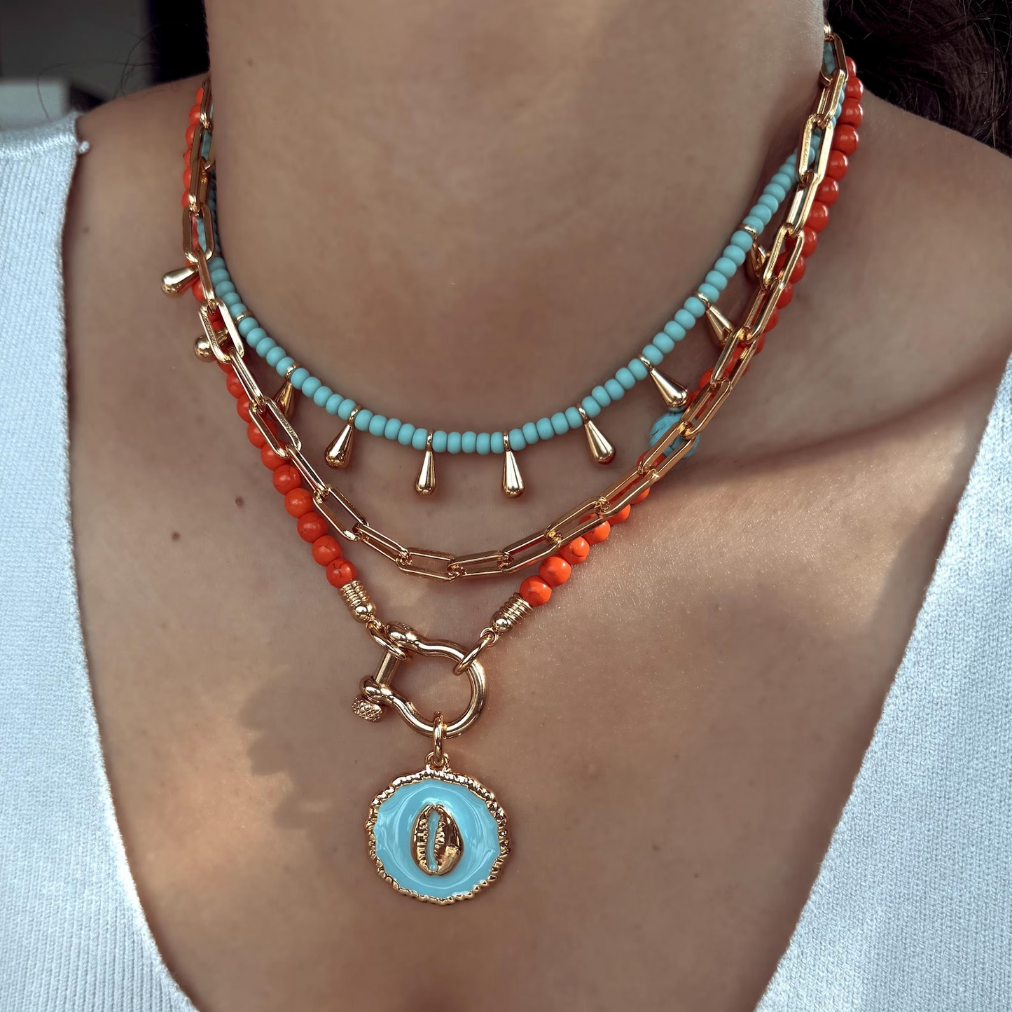 PRE-SALE howlite stone turquoise cowrie shell carabiner clasp necklace